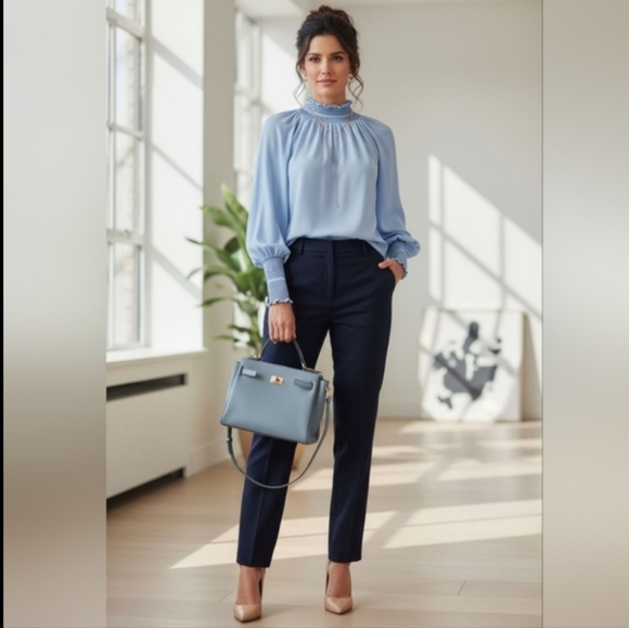 NEW- Zara Light Blue High Neck Blouse - Picture 2 of 10